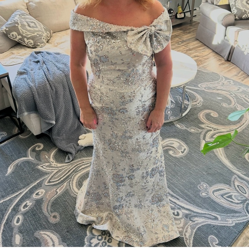 Rina diMontella Off-Shoulder Silver Sequin Gown